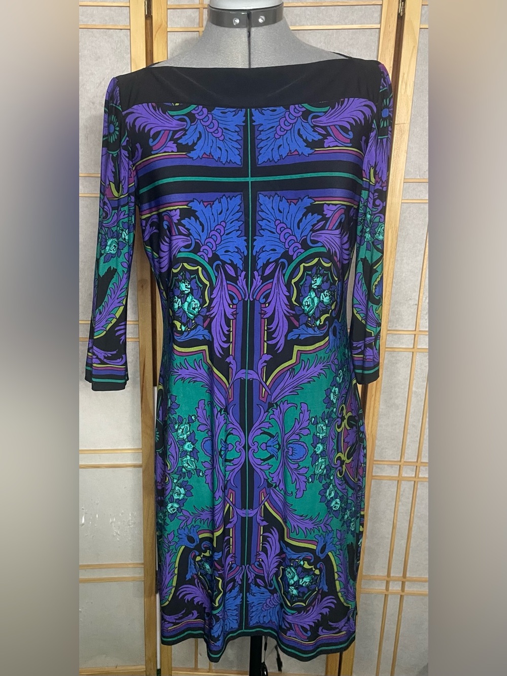 Donna Morgan Black, Green & Purple Printed Long Sleeve Sheath Dress